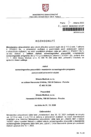 Akreditace MZ ČR k provádění mamografického screeningu